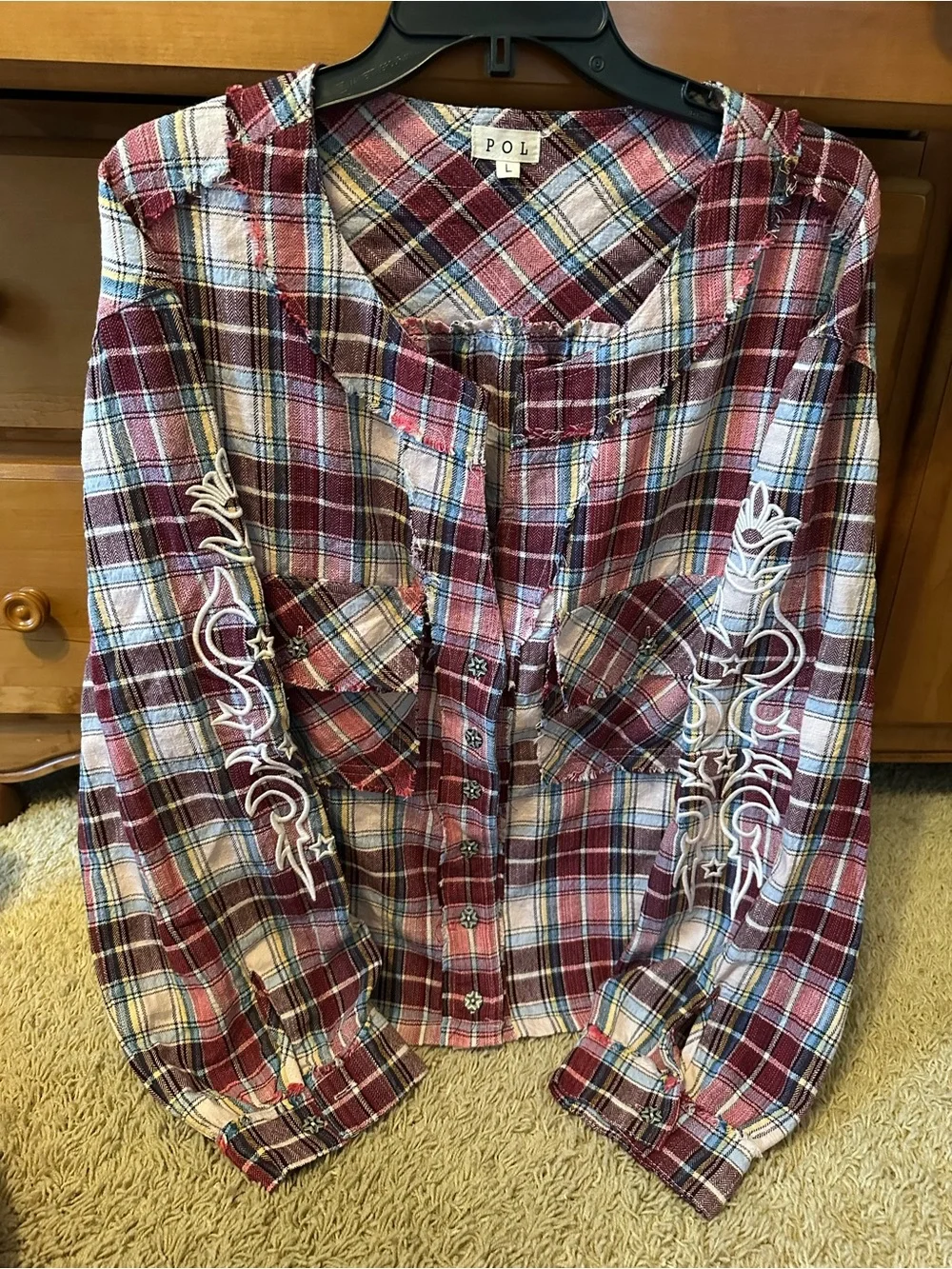 NWOT POL PLAID SHACKET WITH EMBROIDERED SLEEVES